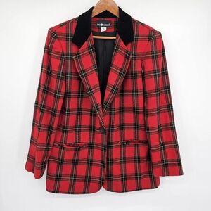 Sag Harbor Wool Blend Red Black Plaid Velvet Collar Blazer Womens Size 10